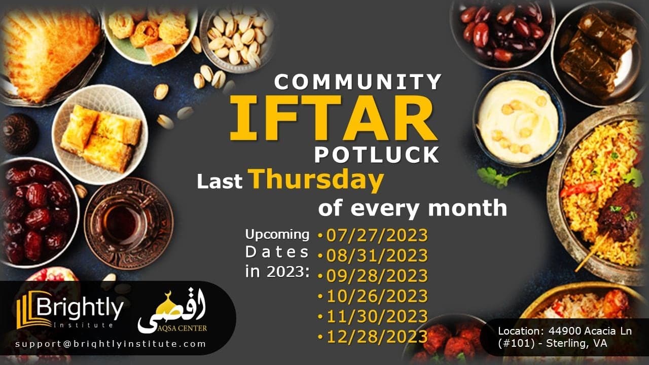 Flyer: Community Iftar Potluck on the last Thursday of every month, with 2023 dates, at AQSA Center