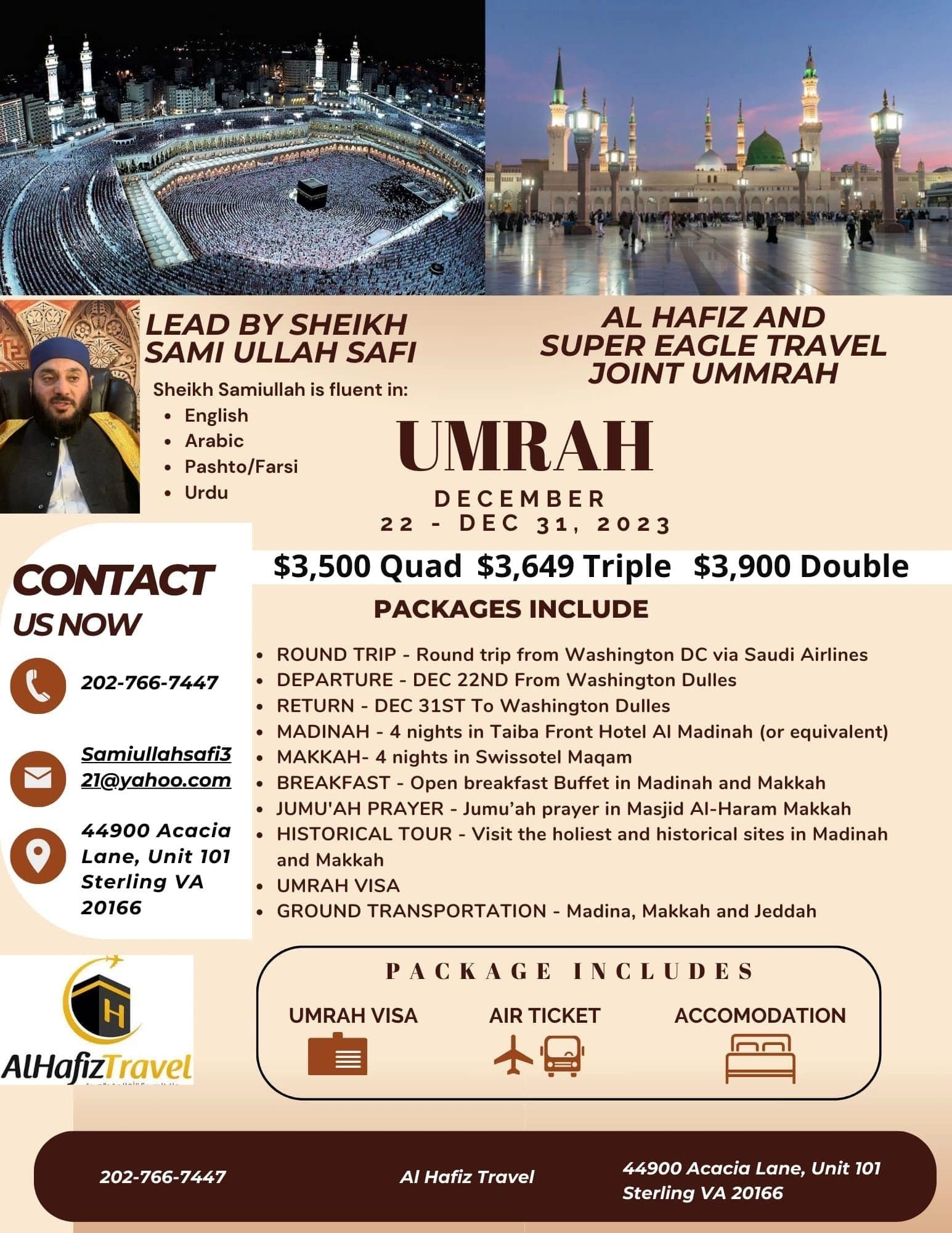 Flyer: Umrah trip led by Sheikh Samiullah Safi, December 22 to 31, 2023, with package details